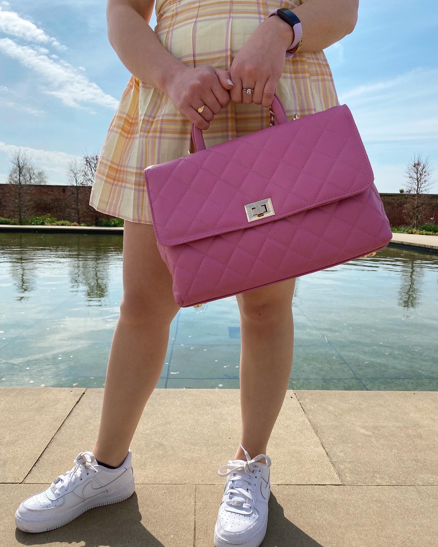 Pink Leather Quilted Top Handle Bag